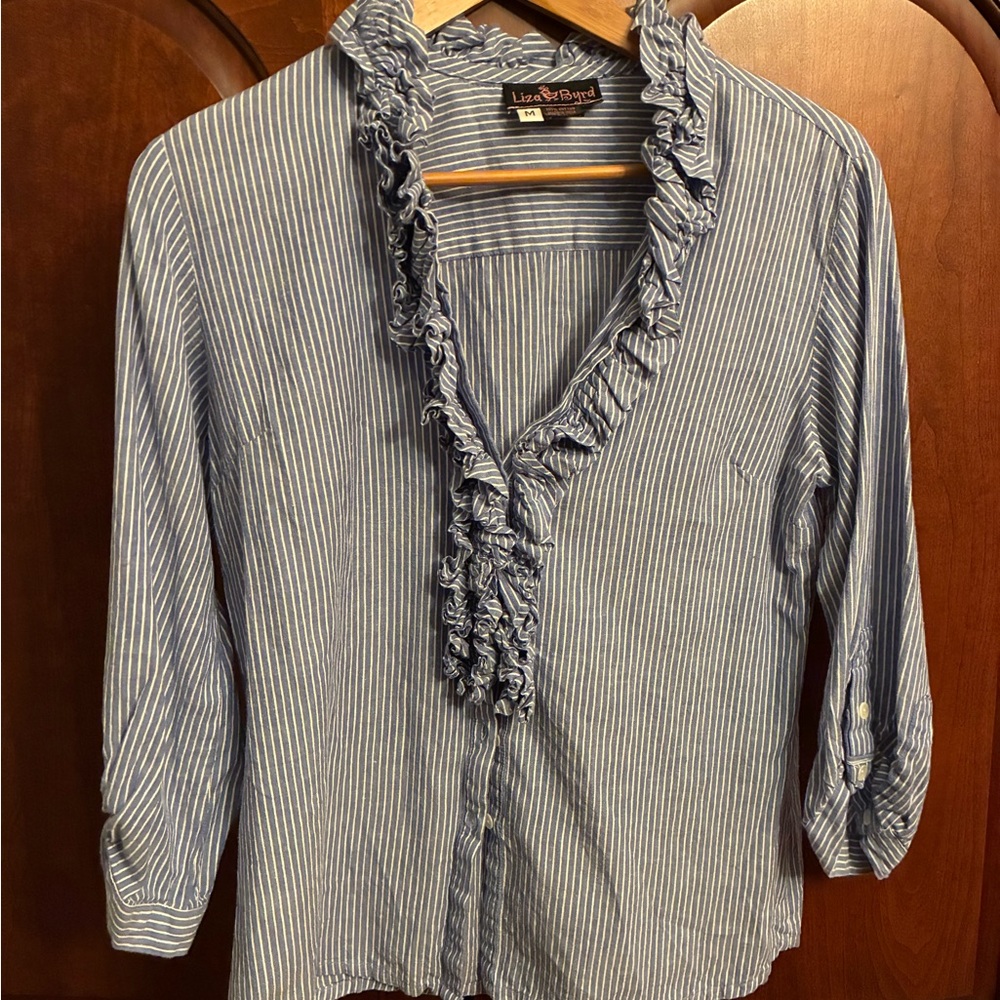 Liza Byrd Blue and White Pinstripe Ruffle V-Neck Button-Down 100% cotton